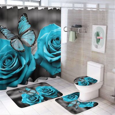 Dunmat 4PCS Turquoise Rose Shower Curtain Set