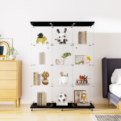 Shengrunner Frameless Glass Display Cabinet, Curio Cabinet Display Case with Locks and Hinged Doors, Quick-Install Floor Standing Large Showcase Display Shelf for Collectibles, Legos, Figures, Plants
