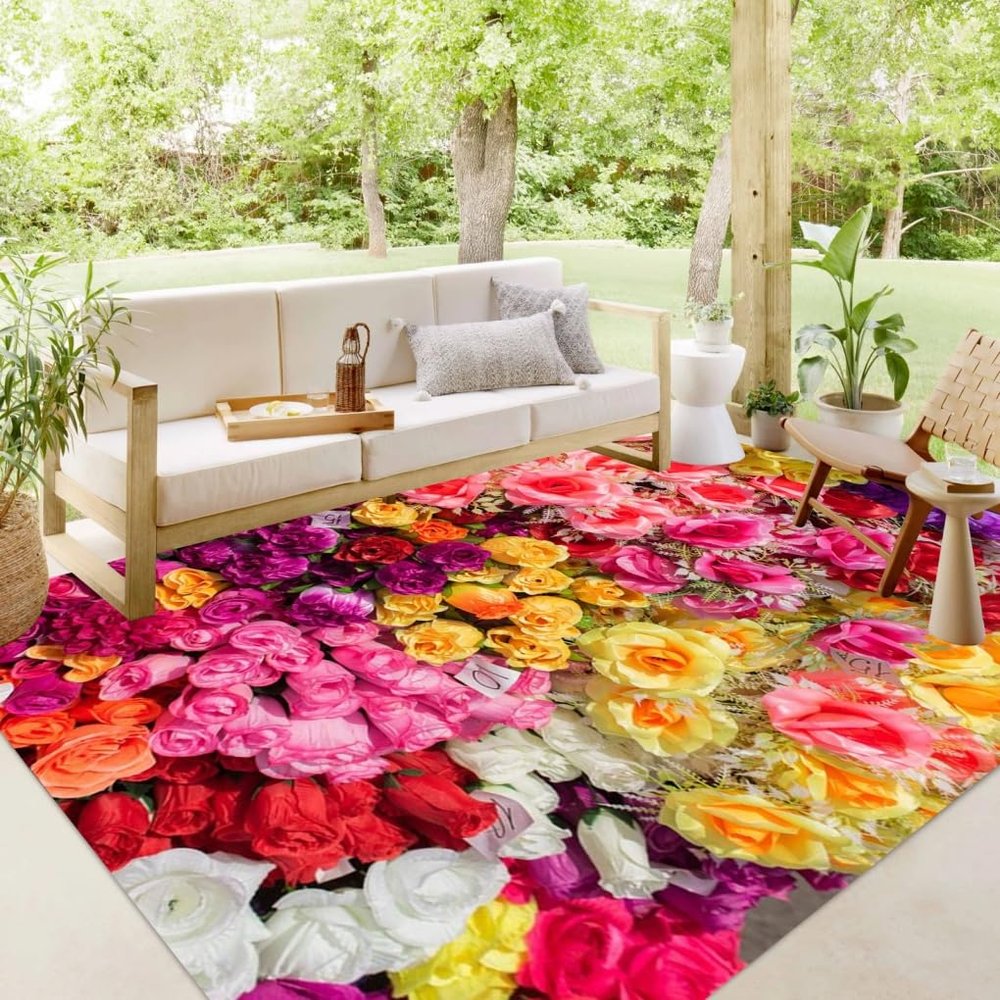3D Colorful Flowers Pattern Waterproof Outdoor Rug for Patio Deck Backyard Balcony Modern Cute Reversible Kitchen Bathroom Floor Carpet Livingroom Bedroom Rug Runners 8x10