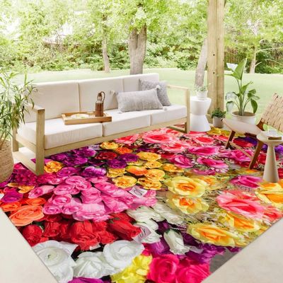 3D Colorful Flowers Pattern Waterproof Outdoor Rug for Patio Deck Backyard Balcony Modern Cute Reversible Kitchen Bathroom Floor Carpet Livingroom Bedroom Rug Runners 9x12