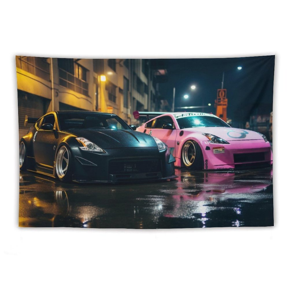 FeoYoed Tapestry for Bedroom Aesthetic Wall Hanging Decor Home Living Room Art Tapestries Japan Jdm Car 370z Black Pink Parking Rainy Season Street 40"x60"
