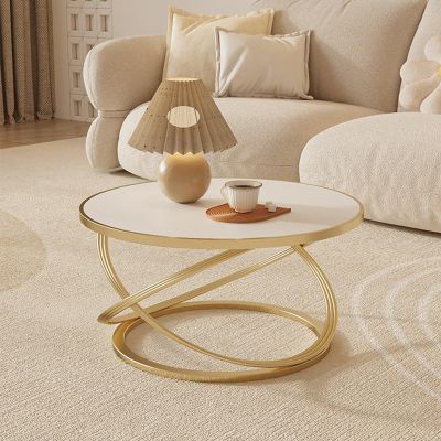 DTREEL Round Coffee Table, Nesting Table Round Natural Finish with Metal Frame, Small Modern Furniture Living Room&Home Office, for Living Room, Bedroom, Balcony (Color : Gold, Size : 60cm/24in)