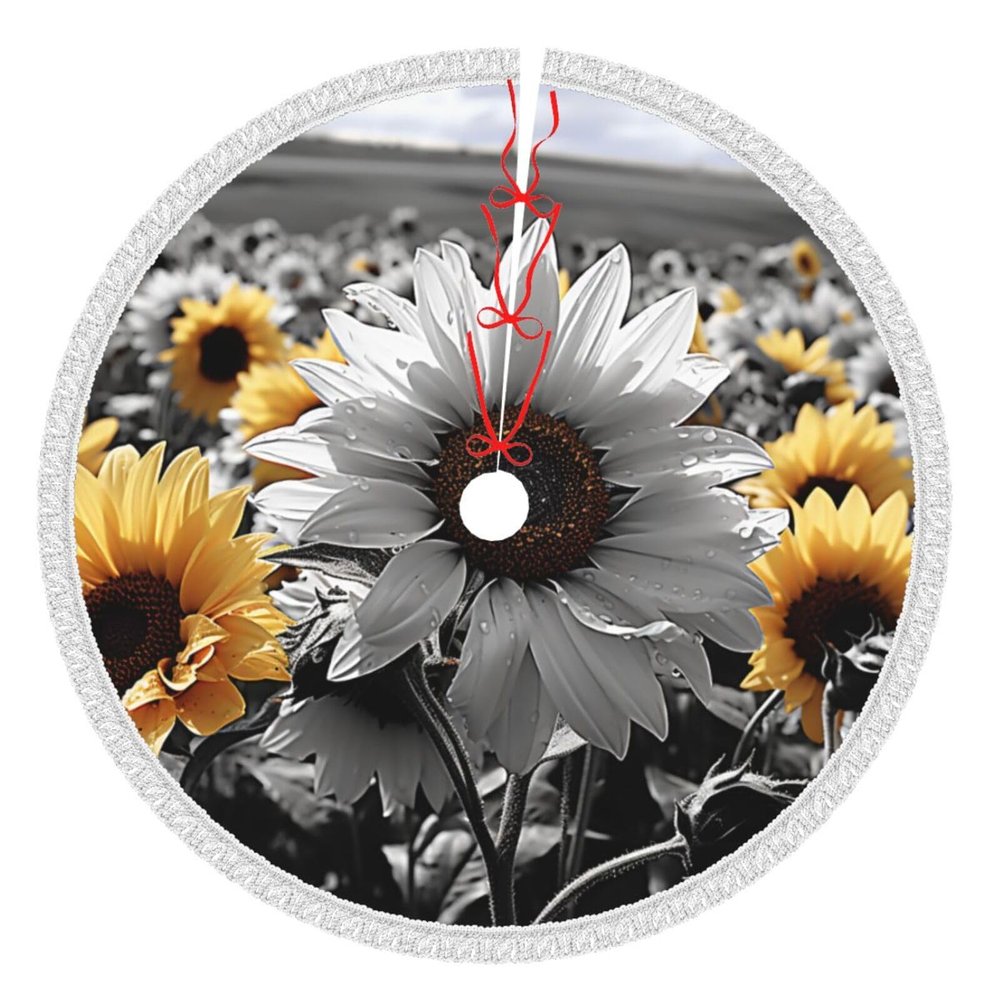 Black and White Sunflowers Christmas Tree Skirt 48" Xmas Tree Skirt Gorgeous Edge Tassel Christmas Tree Mat for Holiday Party Christmas Decorations for Xmas Tree Christmas Ornaments