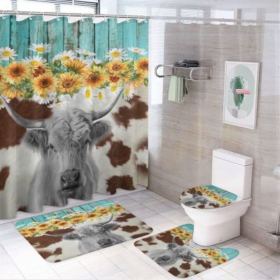 FBMLBRB Vintage Farmhouse Old Wooden Boards 4 Pieces Shower Curtain Set, Rustic Farm Sunflower Cow Cute Western Animal Yak Print Non-Slip Rugs Toilet Lid Cover Bath Mat and Bathroom Curtain