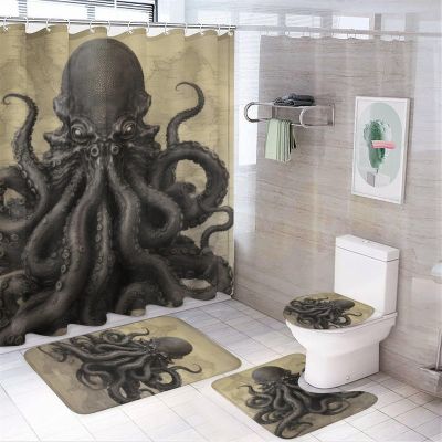Dunmat 4PCS Black Octopus Shower Curtain Set