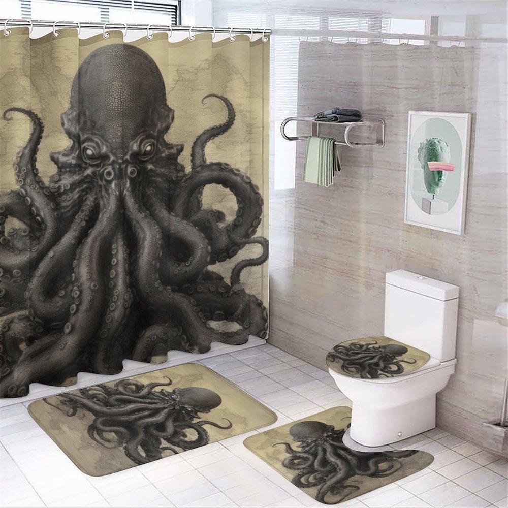 Dunmat 4PCS Black Octopus Shower Curtain Set