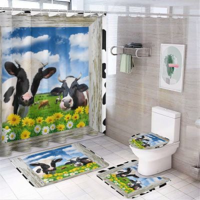 FBMLBRB Funny Farm Animal Cow 4 Pieces Shower Curtain Set, Rustic Old Wooden Boards Cow Florals Daisy Sunflower Non-Slip Rugs Toilet Lid Cover Bath Mat and Bathroom Curtain