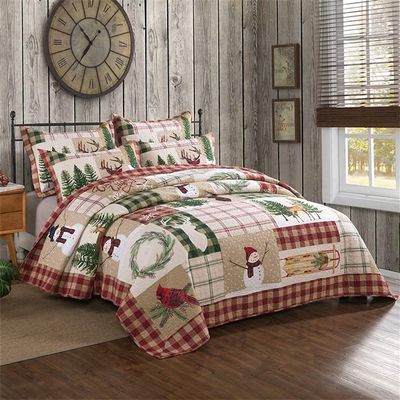 Christmas Quilted Bedspread 230 x 240 cm Snowman Forest Reversible King Size Quilt Blanket and Throws Coverlet Bedding Sets 3 Piece