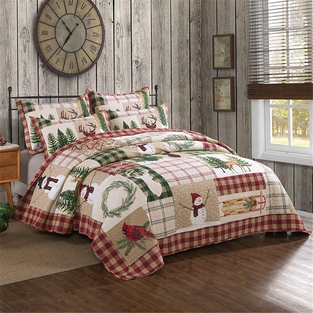 Christmas Quilted Bedspread 230 x 240 cm Snowman Forest Reversible King Size Quilt Blanket and Throws Coverlet Bedding Sets 3 Piece