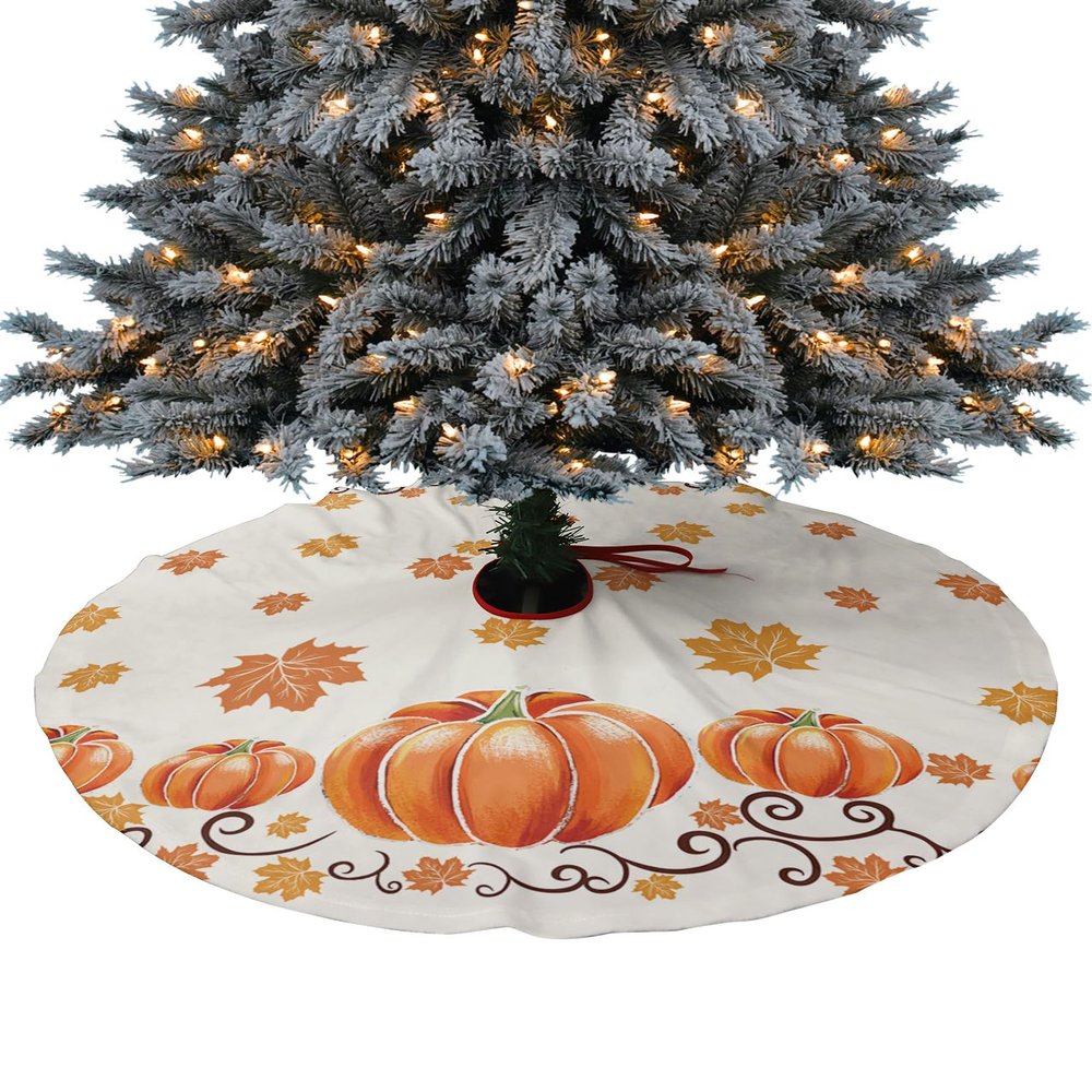2023 Christmas Tree Skirt, Fall Thanksgiving Xmas Tree Ornaments Round 48 Inch, Orange Pumpkin Maple Leaf Farmhouse Xmas Tree Mat for Christmas Decorations Holiday Party