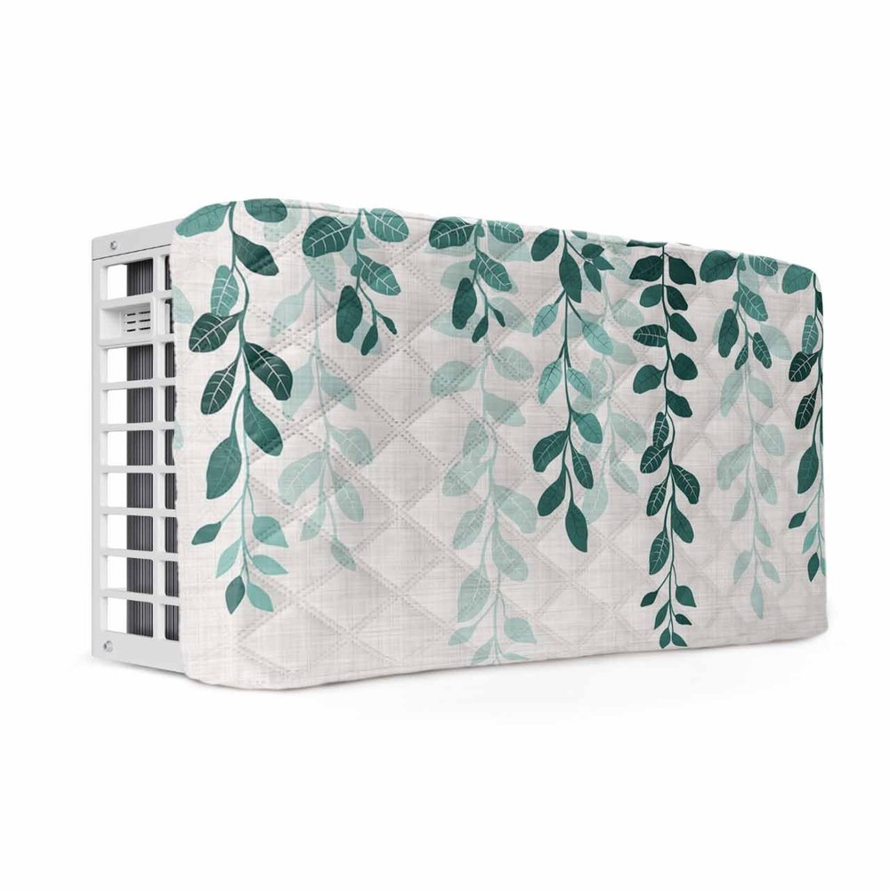 QueenKer Indoor Air Conditioner Cover, Plant Leaves Green Gradient Linen Texture Waterproof Indoor AC Cover Inside Window AC Cover with Free Elastic Straps for Window Units, 25 X 18 X 3.5 Inch