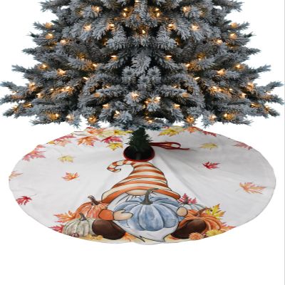 ZOE STORE 2023 Christmas Tree Skirt, Thanksgiving Fall Xmas Tree Ornaments Round 48 Inch, Blue Pumpkin Gnomes Maple Leaf Xmas Tree Mat for Christmas Decorations Holiday Party