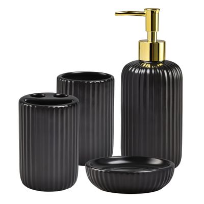 Black Bathroom Accessories Set, 4PC Ceramic Bathroom Sets Complete-Toothbrush Holders, Soap Dispenser, Soap Dish, Toothbrush Cup, Stylish Black Gold Bathroom Decor, Bathroom Organizer for Countertop