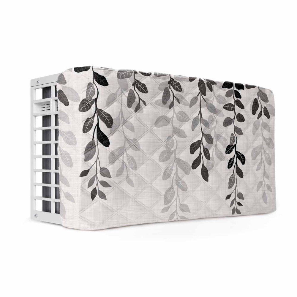 QueenKer Indoor Air Conditioner Cover, Plant Dark Grey Leaves Gradient Linen Texture Waterproof Indoor AC Cover Inside Window AC Cover with Free Elastic Straps for Window Units, 21 X 15 X 3.5 Inch