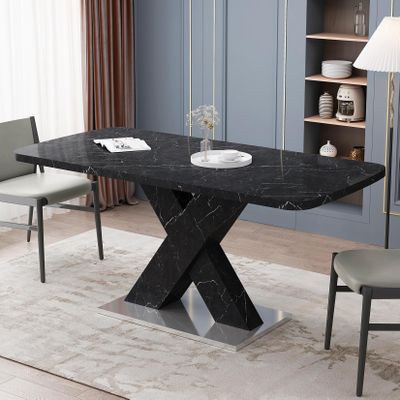 63" Rectangular Stretchable Dining Table for 6 People, Marble Veneer Tabletop Kitchen Table Dining Room Table with MDF X-Shape Leg and Metal Base, Easy to Clean, for Dining Room Living Room