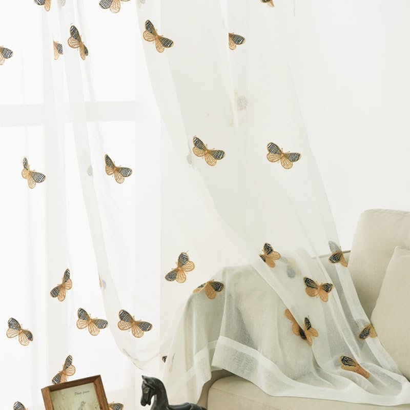 AZIMUZIXI Butterfly Embroidery Sheer Window Curtains 84 Inch Long for Living Room Bedroom,Elegant Window Treatment Voile Curtains/Panels/Drapes 2 Panels,Each Sheer Panel 75''W x 84''L