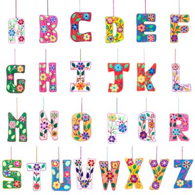 Annie Selke Limited Edition Holiday Embroidered Letter Ornament, J, Multi Floral Pattern
