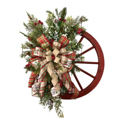 Winter Wreath, 15.7 inch Farmhouse Vintage Red Wagons Wheel Wreath for Front Door, Wreath for Front Door Holiday Wreath Winter Decorative Wreath