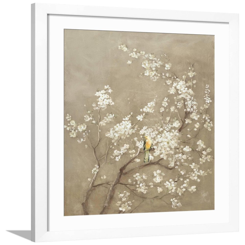 ART.COM Wall Art Print White Cherry Blossom I Neutral Crop Bird on White Frame by Danhui Nai, 24x32