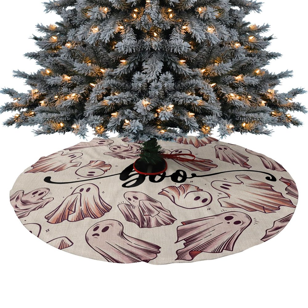 2023 Christmas Tree Skirt, Halloween Xmas Tree Ornaments Round 48 Inch, Boo White Ghost Rustic Burlap Xmas Tree Mat for Christmas Decorations Holiday Party