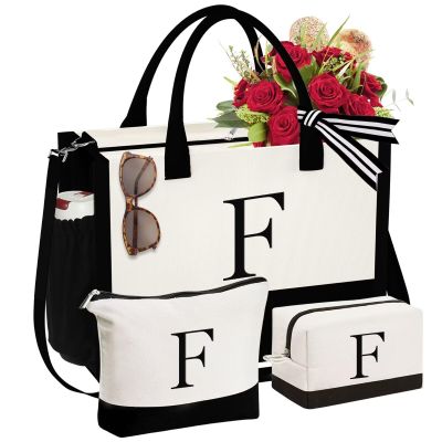 YOOLIFE Friends Gifts for Women - Friendship Gift, Gifts for Friends, Monogrammed Canvas Tote Bag for Women, Initial F