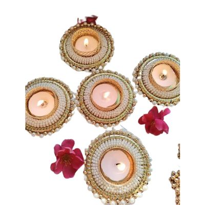 IGH Golden with Pearl Tea Light Holders, Diwali Decor,Handmade Diyas, Diwali Gift, Home Decor, Tealight Holder, Table Top. (10)