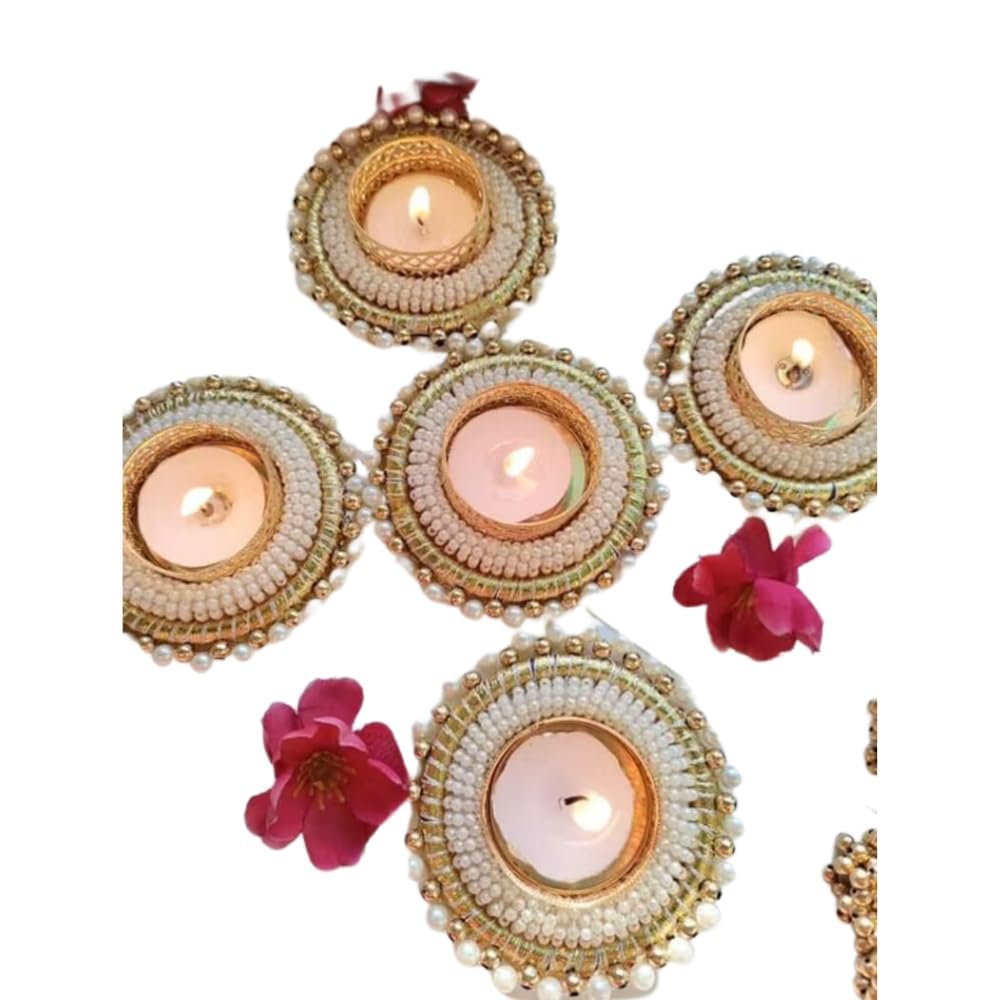 IGH Golden with Pearl Tea Light Holders, Diwali Decor,Handmade Diyas, Diwali Gift, Home Decor, Tealight Holder, Table Top. (10)