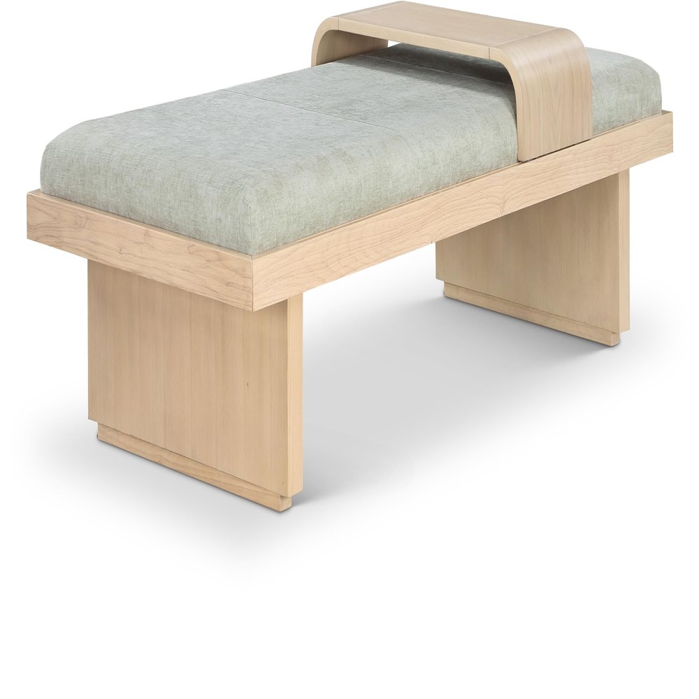 Meridian Furniture 22013Mint Arlington Collection Mid-Century Modern Bench with Soft Mint Green Chenille Fabric, Rich Natural Finish, Solid Wood, Sliding Wooden Tray, 65" W x 26" D x 19.5" H, Green
