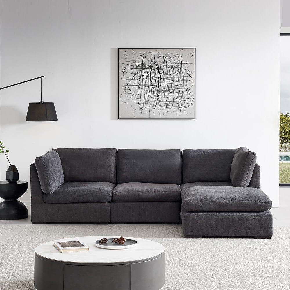 JURMALYN 99'' Modular Sectional Sofa Cloud Couch for Living Room L-Shape Sofa with Feather Filled, Modern Cloud Sofa with Ottoman for Home Office, Polyester Fabric Dark Grey