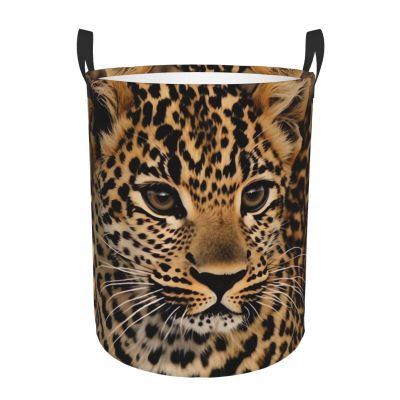 Cute Leopard Print Laundry Hamper Circular Waterproof Storage Basket Protable Dirty Clothes Hamper Storage Bin For Home Organizer Living Room Bathroom Car