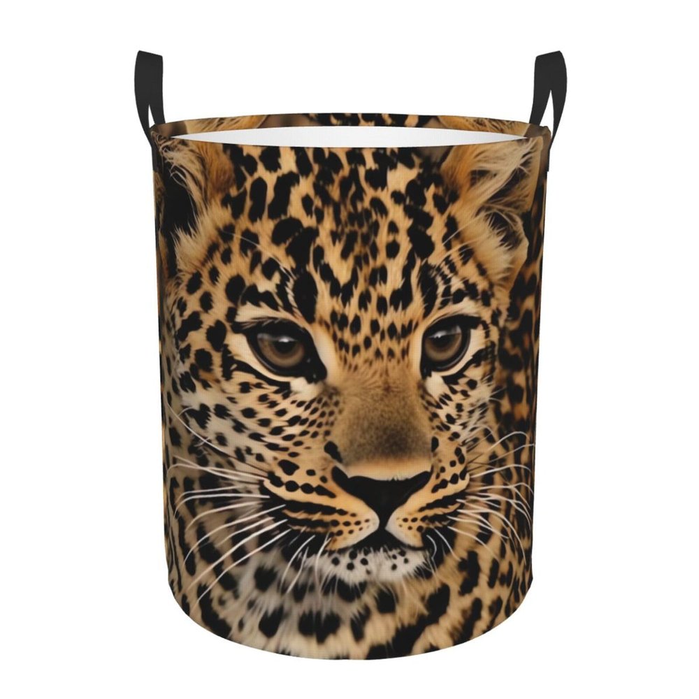 Cute Leopard Print Laundry Hamper Circular Waterproof Storage Basket Protable Dirty Clothes Hamper Storage Bin For Home Organizer Living Room Bathroom Car