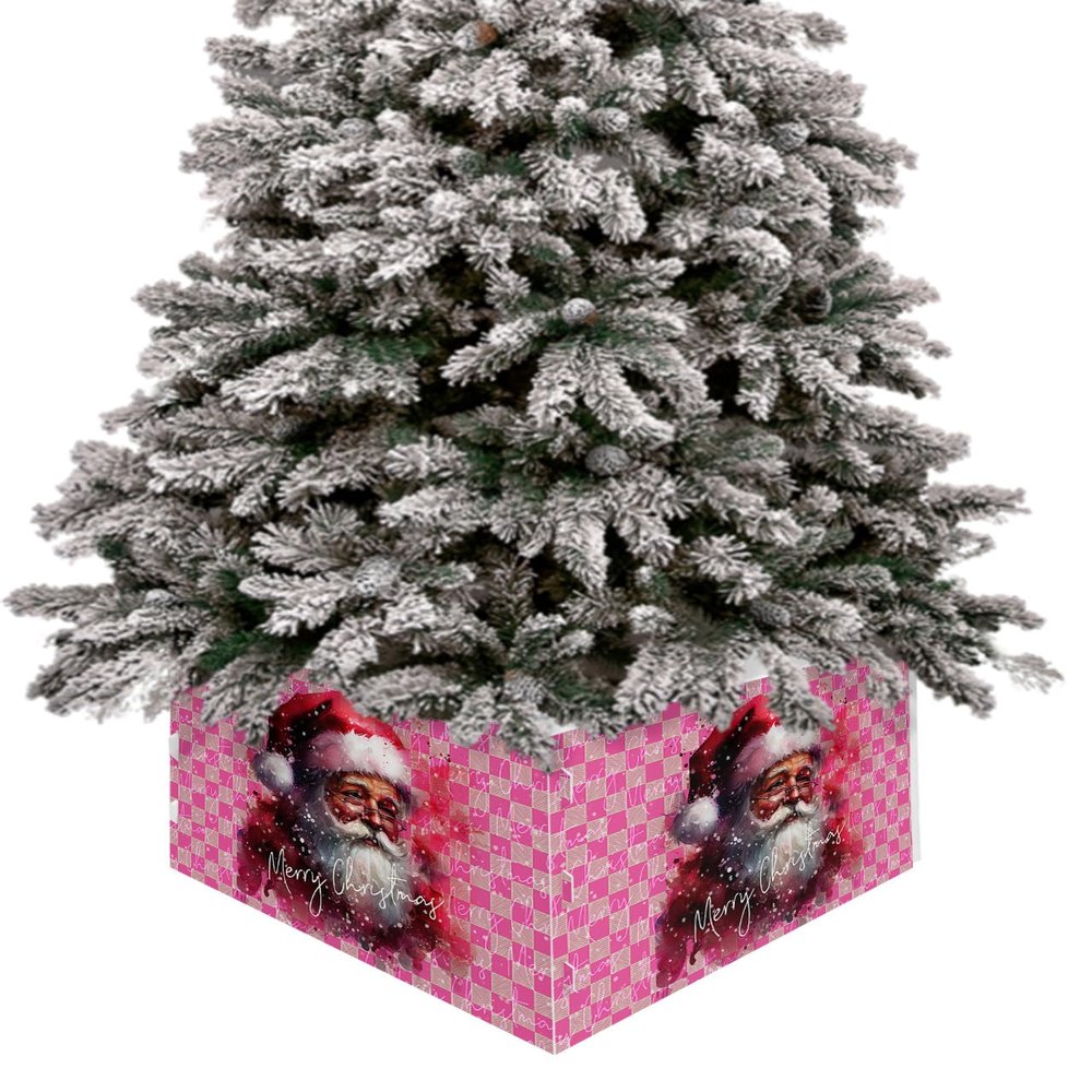 Pink Santa Christmas Tree Collar Tree Box Stand Cover,Artificial/Pencil/Silm/Skinny Tree Ring 4 Packs Collapsible Tree Skirt for Christmas Xmas Tree,Christmas Abstract Vintage Painted Plaid 17"x10"