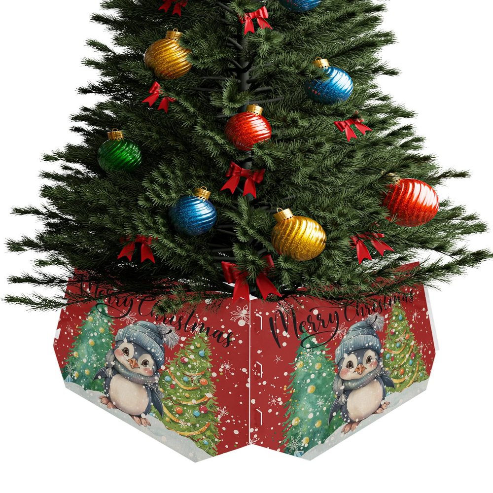Winter Penguin Christmas Tree Collar Tree Box Stand Cover,Artificial/Pencil/Silm/Skinny Tree Ring 4 Packs Collapsible Tree Skirt for Christmas Xmas Tree,Christmas Snowy Pine Tree Red 14.5"x10"