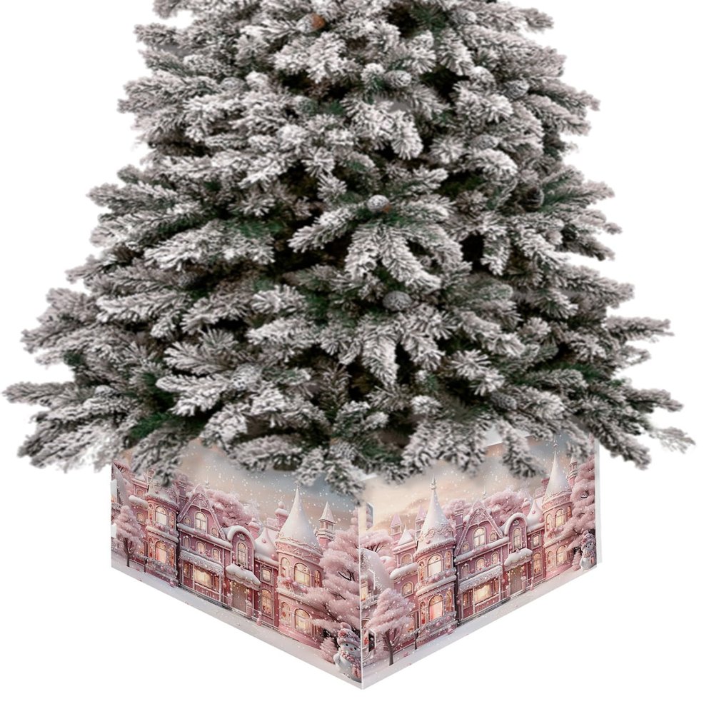 Christmas House Christmas Tree Collar Tree Box Stand Cover,Artificial/Pencil/Silm/Skinny Tree Ring 4 Packs Collapsible Tree Skirt for Christmas Xmas Tree,Blush Pink Romantic Snowflake 17"x10"
