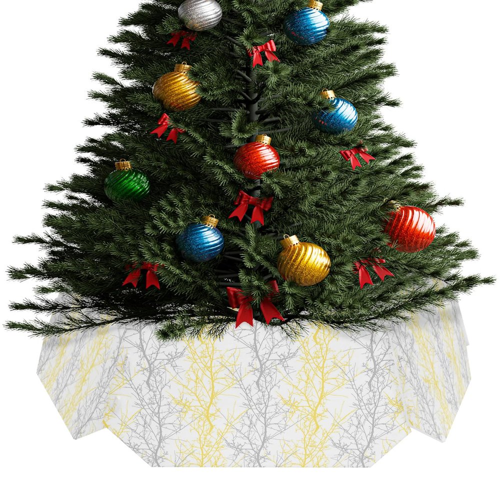 Forest Branch Christmas Tree Collar Tree Box Stand Cover,Artificial/Pencil/Silm/Skinny Tree Ring 6 Packs Collapsible Tree Skirt for Christmas Xmas Tree,Winter Tree Geometric Yellow Grey 14.5"x10"