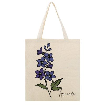Personalized Birth Flower Tote Bag, July Larkspur Canvas Bag, Custom Floral Tote Bag with Name, Reusable Grocery Bags, Washable Shopping Shoulder Bags, Birthday Gift for Women, Wife, Sister