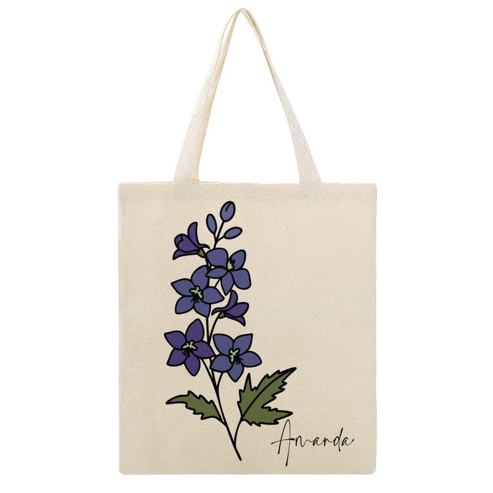 Personalized Birth Flower Tote Bag, July Larkspur Canvas Bag, Custom Floral Tote Bag with Name, Reusable Grocery Bags, Washable Shopping Shoulder Bags, Birthday Gift for Women, Wife, Sister