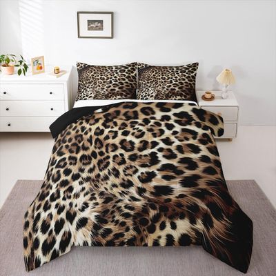 Erosebridal Leopard Print Bedding Set Cheetah Comforter Set,Safari Animal Quilt Jungle Theme Bedding Animal Fur Design Duvet Insert,Luxury Ultra Soft All-Season Brown Down Comforter King Size 3-Piece