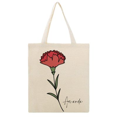 Personalized Birth Flower Tote Bag, January Carnation Canvas Bag, Custom Floral Tote Bag with Name, Reusable Grocery Bags, Washable Shopping Shoulder Bags, Birthday Gift for Women, Wife, Sister