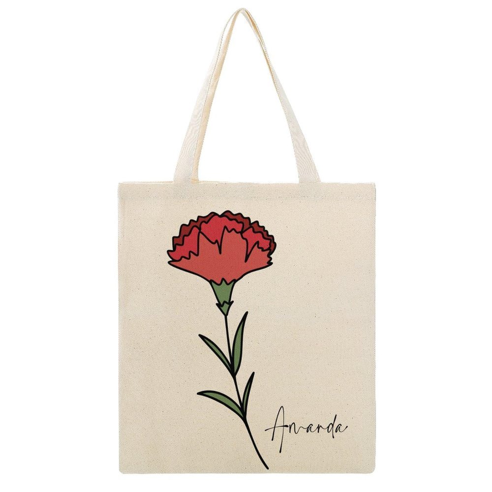 Personalized Birth Flower Tote Bag, January Carnation Canvas Bag, Custom Floral Tote Bag with Name, Reusable Grocery Bags, Washable Shopping Shoulder Bags, Birthday Gift for Women, Wife, Sister