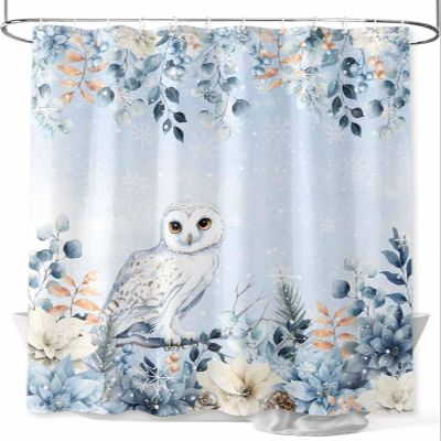 Blue Christmas Shower Curtain, Winter Snowy Owl Poinsettia Eucalyptus Leaves Shower Curtains Set with Hooks, Waterproof Fabric Bathroom Curtains Decor Home Accessories, Stall Long 54 X 78 Inch