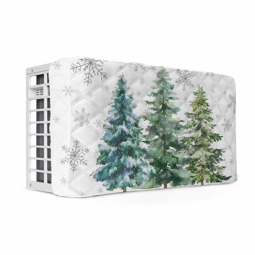 Christmas Tree Indoor Air Conditioner Cover for Window Units, Double Insulation Adjustable Waterproof Indoor AC Cover with Elastic Straps Froest Winter Pine Tree Snowflake 21'' x 15'' x 3.5''