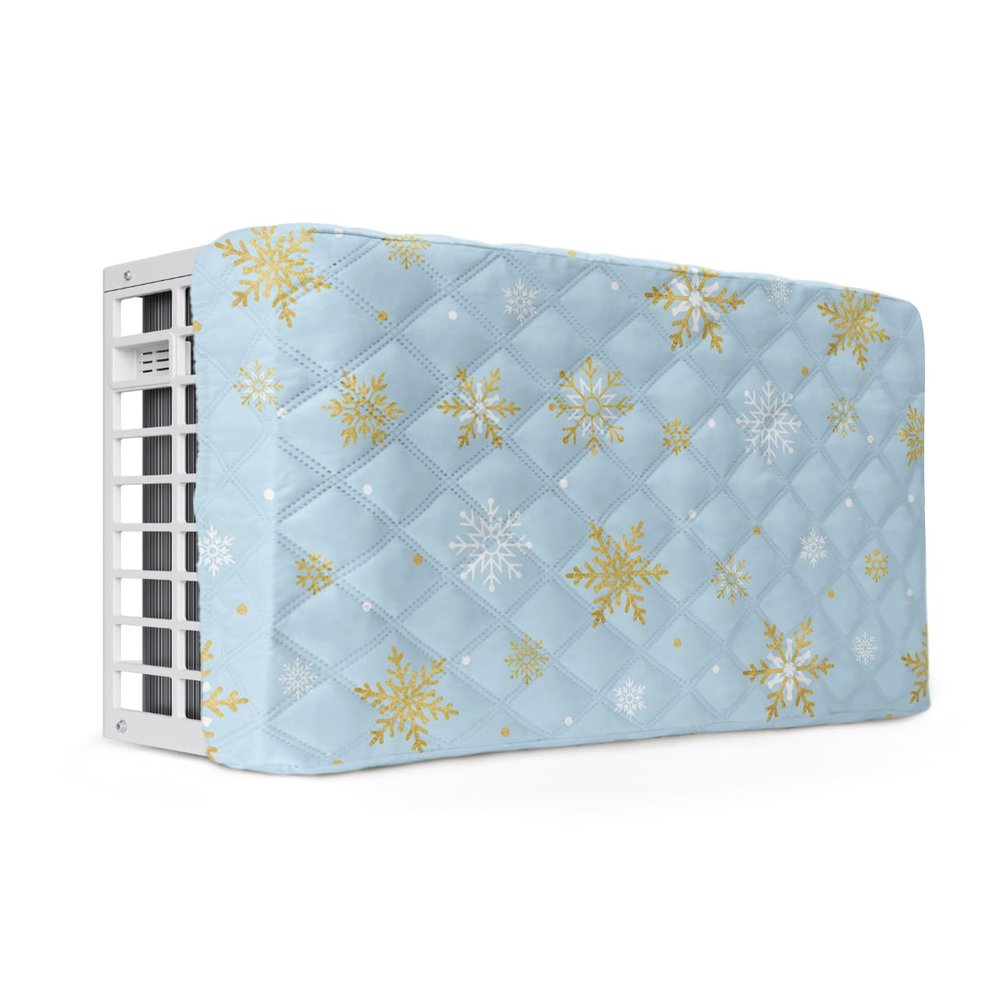 Snowflake Blue Indoor Air Conditioner Cover for Window Units, Double Insulation Adjustable Waterproof Indoor AC Cover with Elastic Straps Winter Christmas Contemporary Gold White 17'' x 13'' x 3.5''