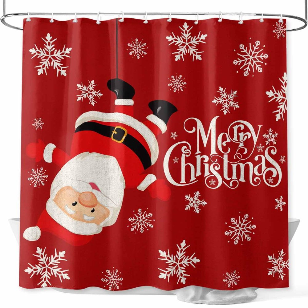 Vandarllin Red Merry Christmas Shower Curtain, Funny Hanging Santa Shower Curtains Set with Hooks, Snow Winter Holiday Waterproof Fabric Bathroom Curtains Decor Home Accessories,Stall 48 X 72 Inch