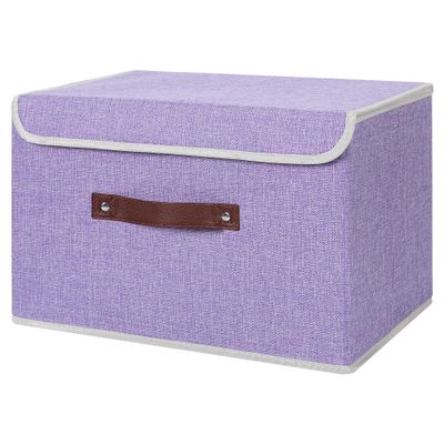 ANMINY Storage Bin with Lid Storage Boxes with PU Leather Handles PP Plastic Board Decorative Foldable Lidded Cotton Linen Fabric Home Cubes Baskets Closet Organizer Container - Purple, Large Size