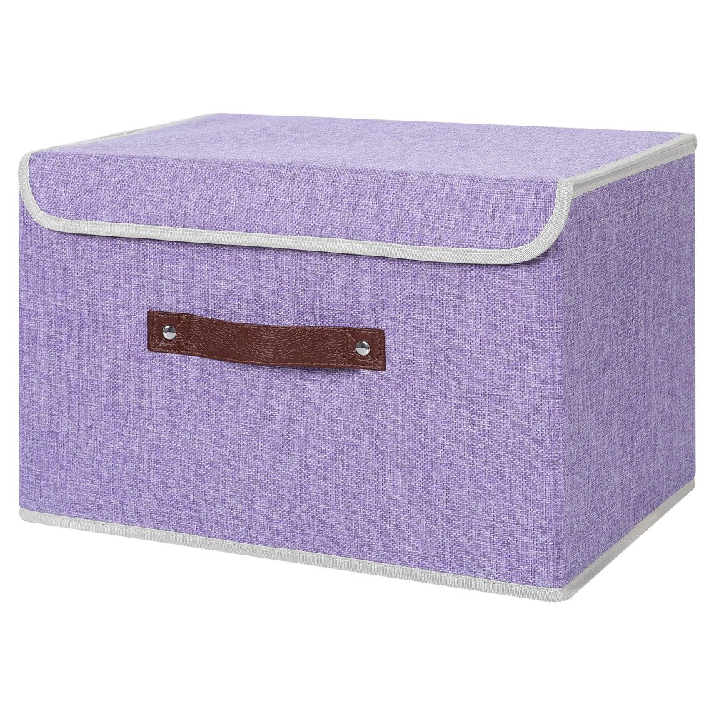 ANMINY Storage Bin with Lid Storage Boxes with PU Leather Handles PP Plastic Board Decorative Foldable Lidded Cotton Linen Fabric Home Cubes Baskets Closet Organizer Container - Purple, Large Size