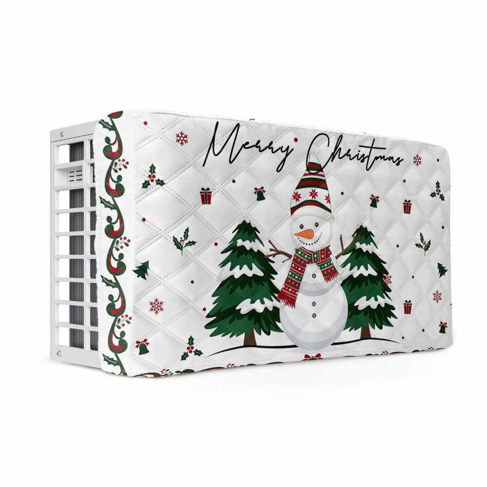 Snowman Indoor Air Conditioner Cover for Window Units, Double Insulation Adjustable Waterproof Indoor AC Cover with Elastic Straps Christmas Snowy Tree Snowflake Berry Red Green 28'' x 20'' x 3.5''