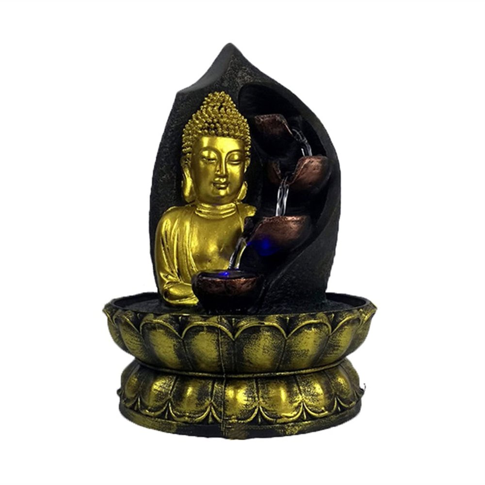 Tabletop Fountain Lotus Base Buddha Statue Resin Water Running Fountain Figurines FengShui Ornament Indoor Waterscape Crafts Gardend and Home Decor Water Fountain Decor