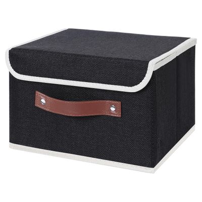 ANMINY Storage Bin with Lid Storage Boxes with PU Leather Handles PP Plastic Board Decorative Foldable Lidded Cotton Linen Fabric Home Cubes Baskets Closet Organizer Container - Black, Small Size