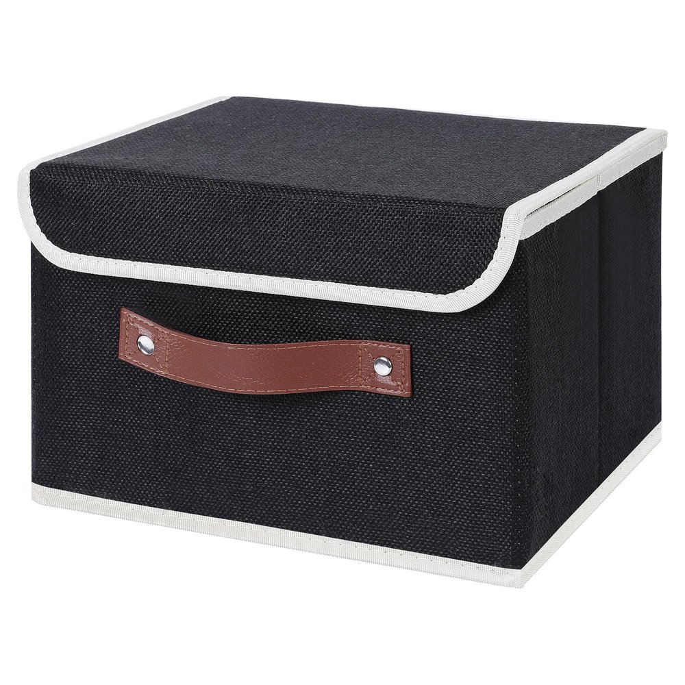 ANMINY Storage Bin with Lid Storage Boxes with PU Leather Handles PP Plastic Board Decorative Foldable Lidded Cotton Linen Fabric Home Cubes Baskets Closet Organizer Container - Black, Small Size